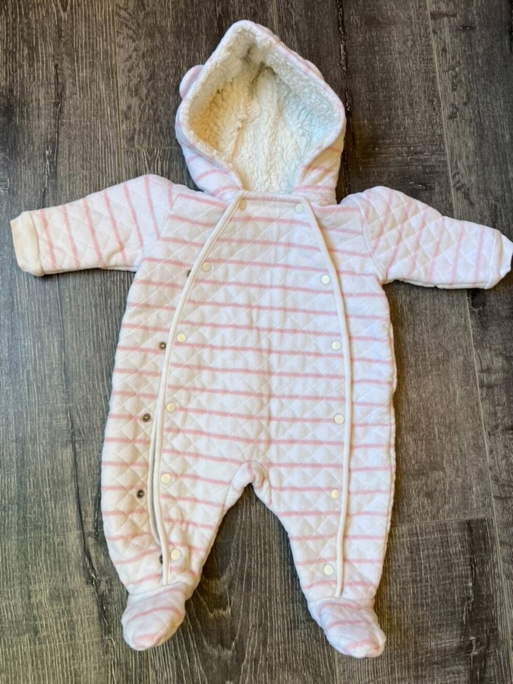Baby Quilted Winter Pram Suit Pink White Striped Sherpa Hood - 3 Months